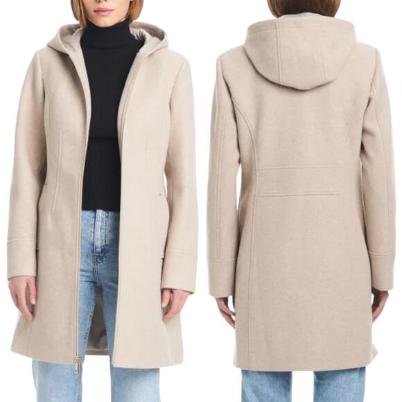 Vince Camuto Hooded Full Zip Jacket Coat Mid Length Tan Oatmeal Size S - Picture 1 of 10